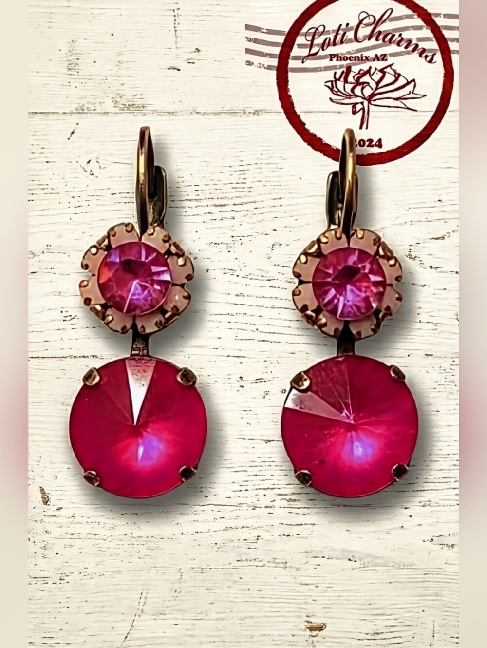 Pink Peony Flower Swarovski Crystal In Two Stone Drop Brass Earrings